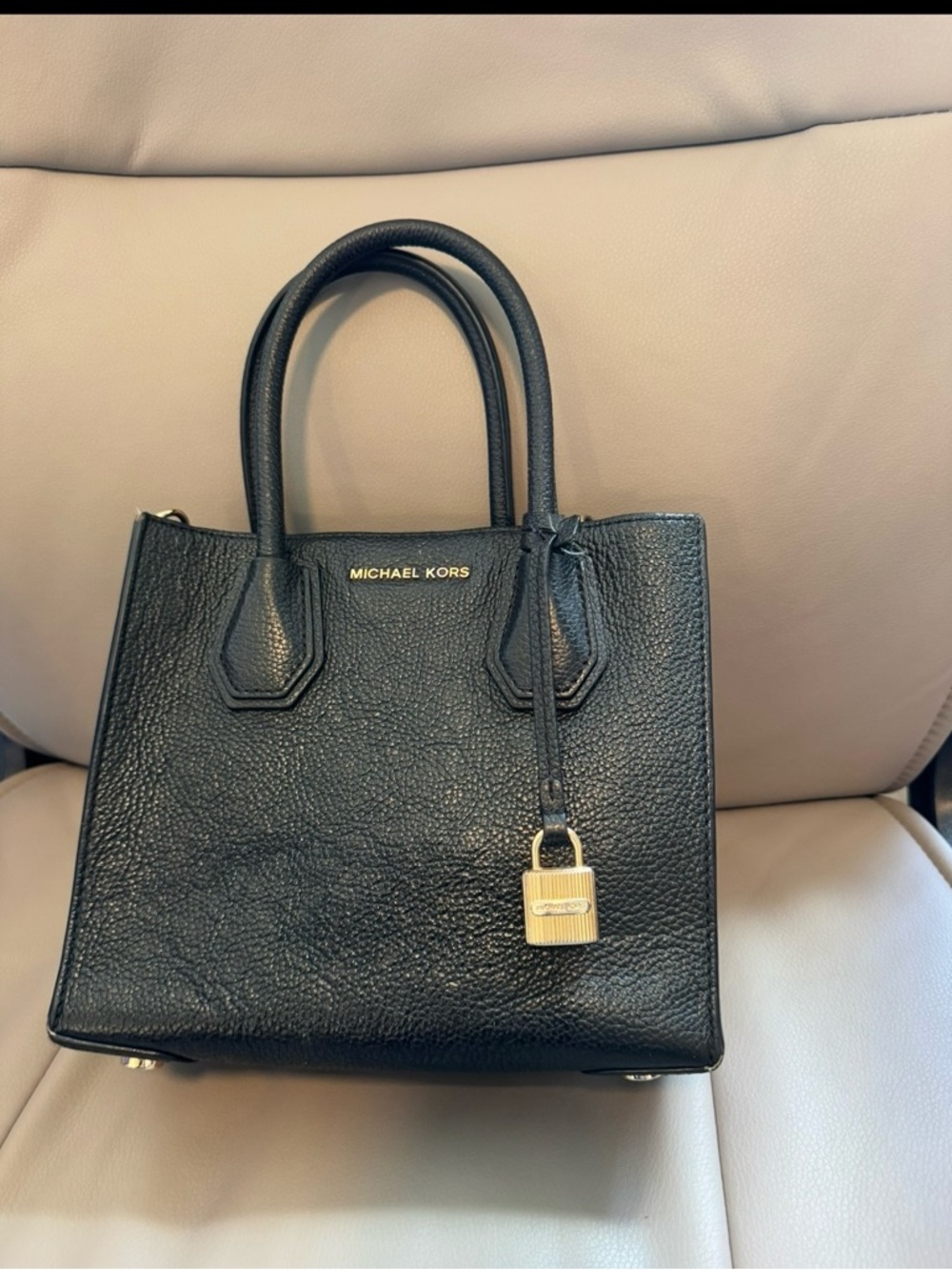 Michael Kors Black Pebbled Leather Satchel with Gold Padlock